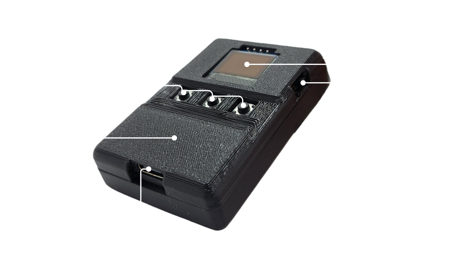 Close-up image of BLEShark Nano's front hardware features, showing a compact device with an OLED display, tactile buttons, a power switch, and USB-C port.