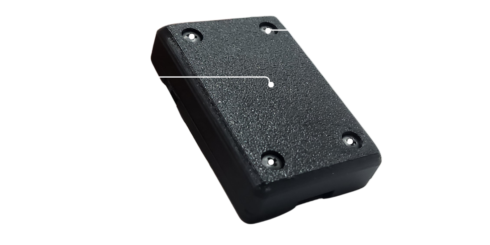 Close-up image of the BLEShark Nano's back hardware features, showing a compact black device with a visible antenna for connectivity, a 500mAh rechargeable battery, and secure screws holding the casing.